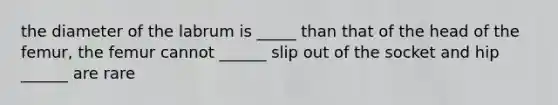 the diameter of the labrum is _____ than that of the head of the femur, the femur cannot ______ slip out of the socket and hip ______ are rare