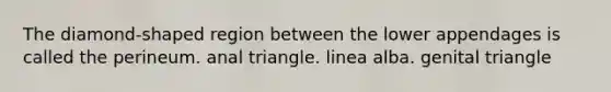 The diamond-shaped region between the lower appendages is called the perineum. anal triangle. linea alba. genital triangle