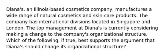 Diana's, an Illinois-based cosmetics company, manufactures a wide range of natural cosmetics and skin-care products. The company has international divisions located in Singapore and London. The top management at Diana's is currently considering making a change to the company's organizational structure. Which of the following, if true, best supports the argument that Diana's should change its organizational structure?