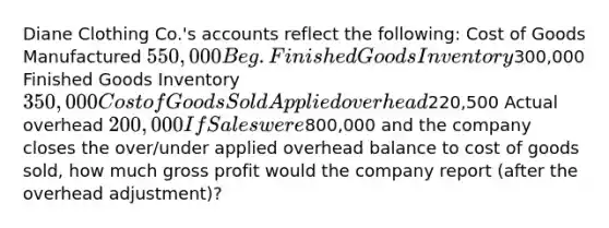 Diane Clothing Co.'s accounts reflect the following: Cost of Goods Manufactured 550,000 Beg. Finished Goods Inventory300,000 Finished Goods Inventory 350,000 Cost of Goods Sold Applied overhead220,500 Actual overhead 200,000 If Sales were800,000 and the company closes the over/under applied overhead balance to cost of goods sold, how much gross profit would the company report (after the overhead adjustment)?