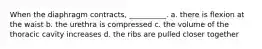 When the diaphragm contracts, __________. a. there is flexion at the waist b. the urethra is compressed c. the volume of the thoracic cavity increases d. the ribs are pulled closer together