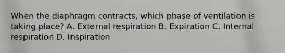 When the diaphragm contracts, which phase of ventilation is taking place? A. External respiration B. Expiration C. Internal respiration D. Inspiration