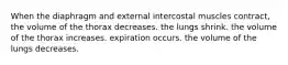 When the diaphragm and external intercostal muscles contract, the volume of the thorax decreases. the lungs shrink. the volume of the thorax increases. expiration occurs. the volume of the lungs decreases.