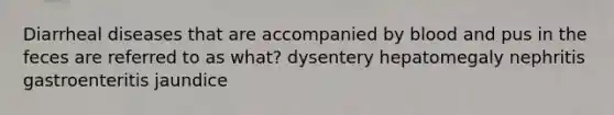 Diarrheal diseases that are accompanied by blood and pus in the feces are referred to as what? dysentery hepatomegaly nephritis gastroenteritis jaundice