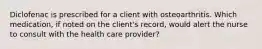 Diclofenac is prescribed for a client with osteoarthritis. Which medication, if noted on the client's record, would alert the nurse to consult with the health care provider?