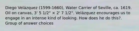 Diego Velázquez (1599-1660), Water Carrier of Seville, ca. 1619. Oil on canvas, 3' 5 1/2" × 2' 7 1/2". Velázquez encourages us to engage in an intense kind of looking. How does he do this?. Group of answer choices