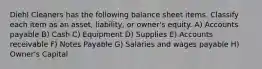 Diehl Cleaners has the following balance sheet items. Classify each item as an asset, liability, or owner's equity. A) Accounts payable B) Cash C) Equipment D) Supplies E) Accounts receivable F) Notes Payable G) Salaries and wages payable H) Owner's Capital