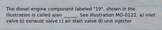 The diesel engine component labeled "19", shown in the illustration is called a/an ______. See illustration MO-0122. a) inlet valve b) exhaust valve c) air start valve d) unit injector