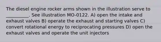 The diesel engine rocker arms shown in the illustration serve to __________. See illustration MO-0122. A) open the intake and exhaust valves B) operate the exhaust and starting valves C) convert rotational energy to reciprocating pressures D) open the exhaust valves and operate the unit injectors