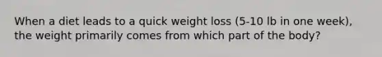 When a diet leads to a quick weight loss (5-10 lb in one week), the weight primarily comes from which part of the body?