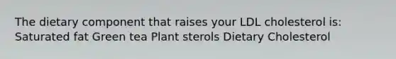 The dietary component that raises your LDL cholesterol is: Saturated fat Green tea Plant sterols Dietary Cholesterol