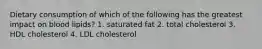 Dietary consumption of which of the following has the greatest impact on blood lipids? 1. saturated fat 2. total cholesterol 3. HDL cholesterol 4. LDL cholesterol