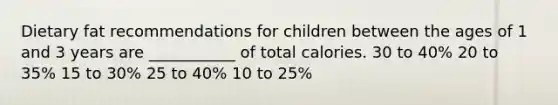 Dietary fat recommendations for children between the ages of 1 and 3 years are ___________ of total calories. 30 to 40% 20 to 35% 15 to 30% 25 to 40% 10 to 25%