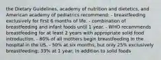 the Dietary Guidelines, academy of nutrition and dietetics, and American academy of pediatrics recommend: - breastfeeding exclusively for first 6 months of life. - combination of breastfeeding and infant foods until 1 year. - WHO recommends breastfeeding for at least 2 years with appropriate solid food introduction. - 80% of all mothers begin breastfeeding in the hospital in the US. - 50% at six months, but only 25% exclusively breastfeeding; 33% at 1 year, in addition to solid foods