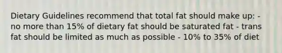 Dietary Guidelines recommend that total fat should make up: - no <a href='https://www.questionai.com/knowledge/keWHlEPx42-more-than' class='anchor-knowledge'>more than</a> 15% of dietary fat should be saturated fat - trans fat should be limited as much as possible - 10% to 35% of diet