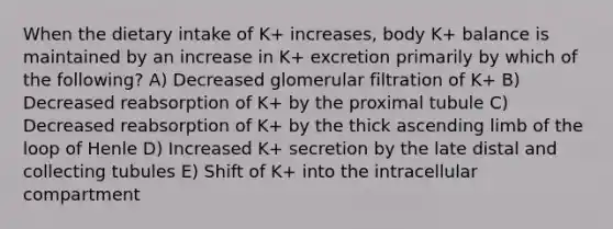 When the dietary intake of K+ increases, body K+ balance is maintained by an increase in K+ excretion primarily by which of the following? A) Decreased glomerular filtration of K+ B) Decreased reabsorption of K+ by the proximal tubule C) Decreased reabsorption of K+ by the thick ascending limb of the loop of Henle D) Increased K+ secretion by the late distal and collecting tubules E) Shift of K+ into the intracellular compartment