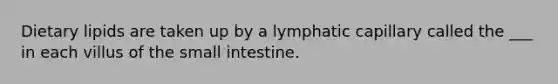 Dietary lipids are taken up by a lymphatic capillary called the ___ in each villus of the small intestine.