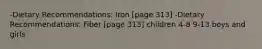 -Dietary Recommendations: Iron [page 313] -Dietary Recommendations: Fiber [page 313] children 4-8 9-13 boys and girls