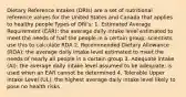 Dietary Reference Intakes (DRIs) are a set of nutritional reference values for the United States and Canada that applies to healthy people Types of DRI's: 1. Estimated Average Requirement (EAR): the average daily intake level estimated to meet the needs of half the people in a certain group; scientists use this to calculate RDA 2. Recommended Dietary Allowance (RDA): the average daily intake level estimated to meet the needs of nearly all people in a certain group 3. Adequate Intake (AI): the average daily intake level assumed to be adequate; is used when an EAR cannot be determined 4. Tolerable Upper Intake Level (UL): the highest average daily intake level likely to pose no health risks