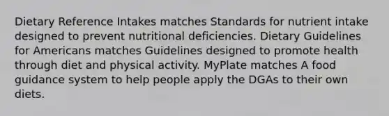 Dietary Reference Intakes matches Standards for nutrient intake designed to prevent nutritional deficiencies. Dietary Guidelines for Americans matches Guidelines designed to promote health through diet and physical activity. MyPlate matches A food guidance system to help people apply the DGAs to their own diets.