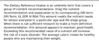 The Dietary Reference Intakes is an umbrella term that covers a group of nutrient recommendations. Drag the nutrient recommendation and explanation to its corresponding DRI term. DRI Term: UL EER AI RDA This amount meets the nutrient needs for almost everyone in a particular age and life stage group. When there is not sufficient research to make a more definitive recommendation, this amound appears to maintain good health. Exceeding this recommended value of a nutrient will increase the risk of a toxic disorder. The average caloric intake for healthy people who are maintaining their weight.