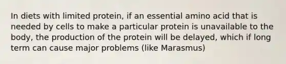 In diets with limited protein, if an essential amino acid that is needed by cells to make a particular protein is unavailable to the body, the production of the protein will be delayed, which if long term can cause major problems (like Marasmus)