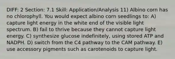 DIFF: 2 Section: 7.1 Skill: Application/Analysis 11) Albino corn has no chlorophyll. You would expect albino corn seedlings to: A) capture light energy in the white end of the visible light spectrum. B) fail to thrive because they cannot capture light energy. C) synthesize glucose indefinitely, using stored ATP and NADPH. D) switch from the C4 pathway to the CAM pathway. E) use accessory pigments such as carotenoids to capture light.