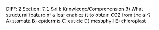 DIFF: 2 Section: 7.1 Skill: Knowledge/Comprehension 3) What structural feature of a leaf enables it to obtain CO2 from the air? A) stomata B) epidermis C) cuticle D) mesophyll E) chloroplast