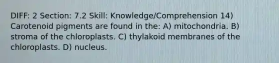 DIFF: 2 Section: 7.2 Skill: Knowledge/Comprehension 14) Carotenoid pigments are found in the: A) mitochondria. B) stroma of the chloroplasts. C) thylakoid membranes of the chloroplasts. D) nucleus.