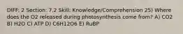 DIFF: 2 Section: 7.2 Skill: Knowledge/Comprehension 25) Where does the O2 released during photosynthesis come from? A) CO2 B) H2O C) ATP D) C6H12O6 E) RuBP