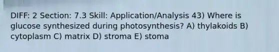 DIFF: 2 Section: 7.3 Skill: Application/Analysis 43) Where is glucose synthesized during photosynthesis? A) thylakoids B) cytoplasm C) matrix D) stroma E) stoma