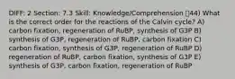 DIFF: 2 Section: 7.3 Skill: Knowledge/Comprehension 44) What is the correct order for the reactions of the Calvin cycle? A) carbon fixation, regeneration of RuBP, synthesis of G3P B) synthesis of G3P, regeneration of RuBP, carbon fixation C) carbon fixation, synthesis of G3P, regeneration of RuBP D) regeneration of RuBP, carbon fixation, synthesis of G3P E) synthesis of G3P, carbon fixation, regeneration of RuBP