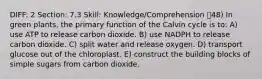 DIFF: 2 Section: 7.3 Skill: Knowledge/Comprehension 48) In green plants, the primary function of the Calvin cycle is to: A) use ATP to release carbon dioxide. B) use NADPH to release carbon dioxide. C) split water and release oxygen. D) transport glucose out of the chloroplast. E) construct the building blocks of simple sugars from carbon dioxide.