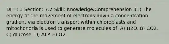 DIFF: 3 Section: 7.2 Skill: Knowledge/Comprehension 31) The energy of the movement of electrons down a concentration gradient via electron transport within chloroplasts and mitochondria is used to generate molecules of: A) H2O. B) CO2. C) glucose. D) ATP. E) O2.