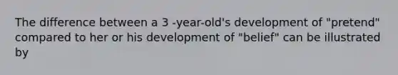 The difference between a 3 -year-old's development of "pretend" compared to her or his development of "belief" can be illustrated by