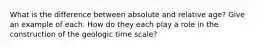 What is the difference between absolute and relative age? Give an example of each. How do they each play a role in the construction of the geologic time scale?