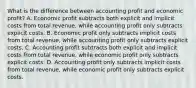 What is the difference between accounting profit and economic​ profit? A. Economic profit subtracts both explicit and implicit costs from total​ revenue, while accounting profit only subtracts explicit costs. B. Economic profit only subtracts implicit costs from total​ revenue, while accounting profit only subtracts explicit costs. C. Accounting profit subtracts both explicit and implicit costs from total​ revenue, while economic profit only subtracts explicit costs. D. Accounting profit only subtracts implicit costs from total​ revenue, while economic profit only subtracts explicit costs.