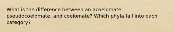 What is the difference between an acoelomate, pseudocoelomate, and coelomate? Which phyla fall into each category?