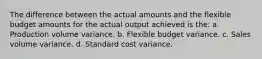 The difference between the actual amounts and the flexible budget amounts for the actual output achieved is the: a. Production volume variance. b. Flexible budget variance. c. Sales volume variance. d. Standard cost variance.