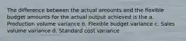 The difference between the actual amounts and the flexible budget amounts for the actual output achieved is the a. Production volume variance b. Flexible budget variance c. Sales volume variance d. Standard cost variance