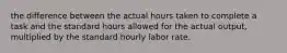 the difference between the actual hours taken to complete a task and the standard hours allowed for the actual output, multiplied by the standard hourly labor rate.