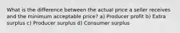 What is the difference between the actual price a seller receives and the minimum acceptable price? a) Producer profit b) Extra surplus c) Producer surplus d) Consumer surplus