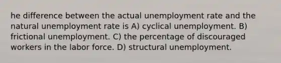 he difference between the actual unemployment rate and the natural unemployment rate is A) cyclical unemployment. B) frictional unemployment. C) the percentage of discouraged workers in the labor force. D) structural unemployment.