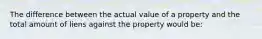 The difference between the actual value of a property and the total amount of liens against the property would be: