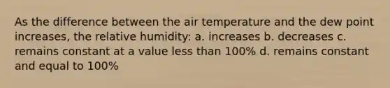 As the difference between the air temperature and the dew point increases, the relative humidity: a. increases b. decreases c. remains constant at a value <a href='https://www.questionai.com/knowledge/k7BtlYpAMX-less-than' class='anchor-knowledge'>less than</a> 100% d. remains constant and equal to 100%