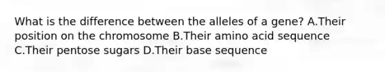 What is the difference between the alleles of a gene? A.Their position on the chromosome B.Their amino acid sequence C.Their pentose sugars D.Their base sequence