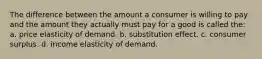 The difference between the amount a consumer is willing to pay and the amount they actually must pay for a good is called the: a. price elasticity of demand. b. substitution effect. c. consumer surplus. d. income elasticity of demand.