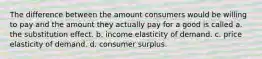 The difference between the amount consumers would be willing to pay and the amount they actually pay for a good is called a. the substitution effect. b. income elasticity of demand. c. price elasticity of demand. d. consumer surplus.