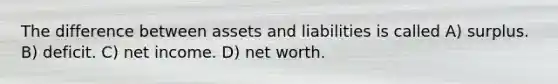 The difference between assets and liabilities is called A) surplus. B) deficit. C) net income. D) net worth.