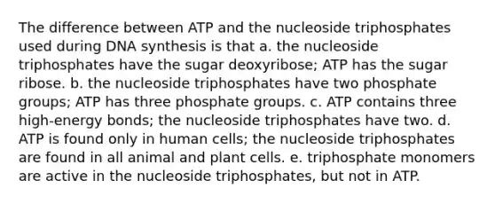 The difference between ATP and the nucleoside triphosphates used during DNA synthesis is that a. the nucleoside triphosphates have the sugar deoxyribose; ATP has the sugar ribose. b. the nucleoside triphosphates have two phosphate groups; ATP has three phosphate groups. c. ATP contains three high-energy bonds; the nucleoside triphosphates have two. d. ATP is found only in human cells; the nucleoside triphosphates are found in all animal and plant cells. e. triphosphate monomers are active in the nucleoside triphosphates, but not in ATP.